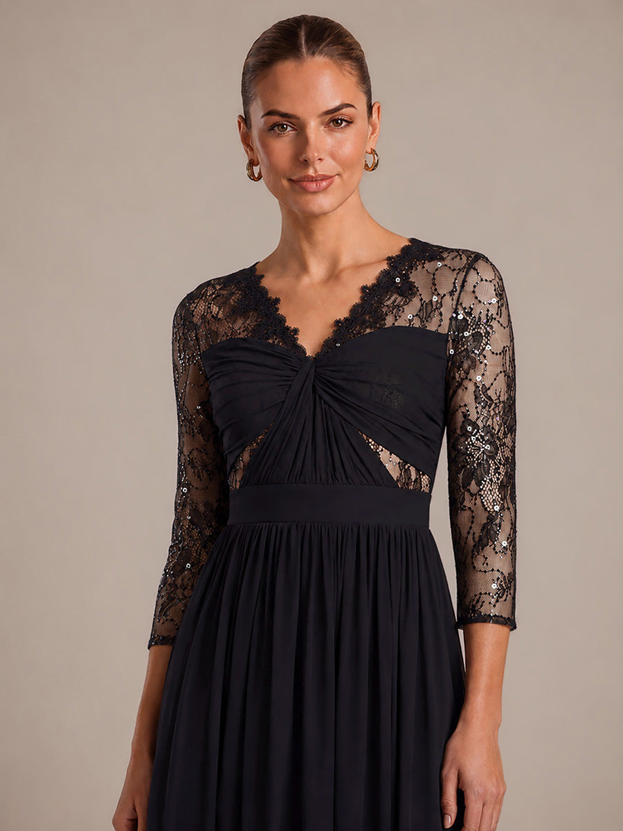 See-through Chiffon Fitted Sleeve Evening Dress #color_Black