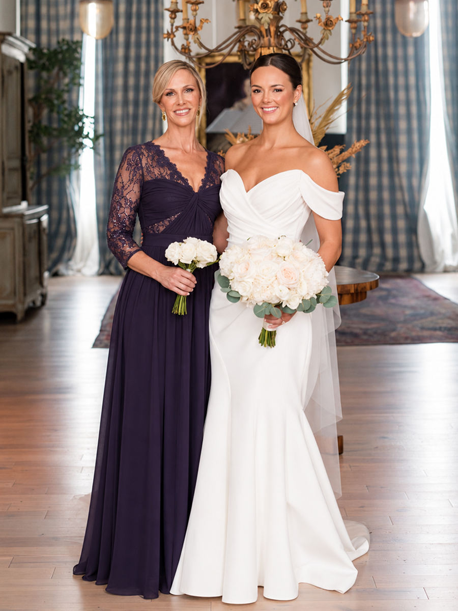 See-through Chiffon Fitted Sleeve Evening Dress #color_Dark Purple