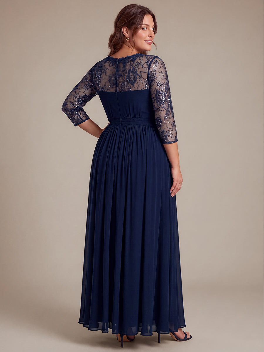 See-through Chiffon Fitted Sleeve Evening Dress #color_Navy Blue