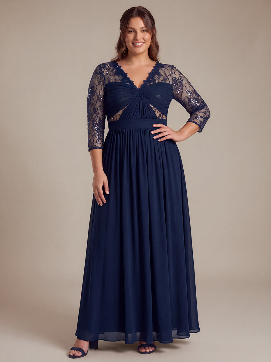 Plus Size See-through Long Sleeve Chiffon Evening Dress #color_Navy Blue