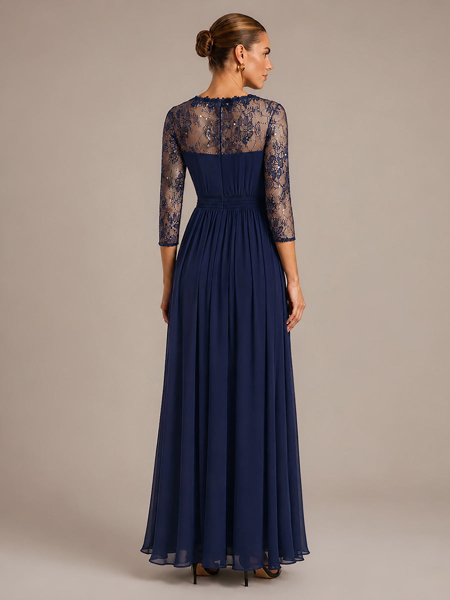 See-through Chiffon Fitted Sleeve Evening Dress #color_Navy Blue