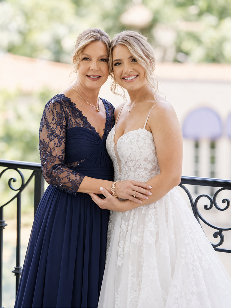 See-through Chiffon Fitted Sleeve Evening Dress #color_Navy Blue