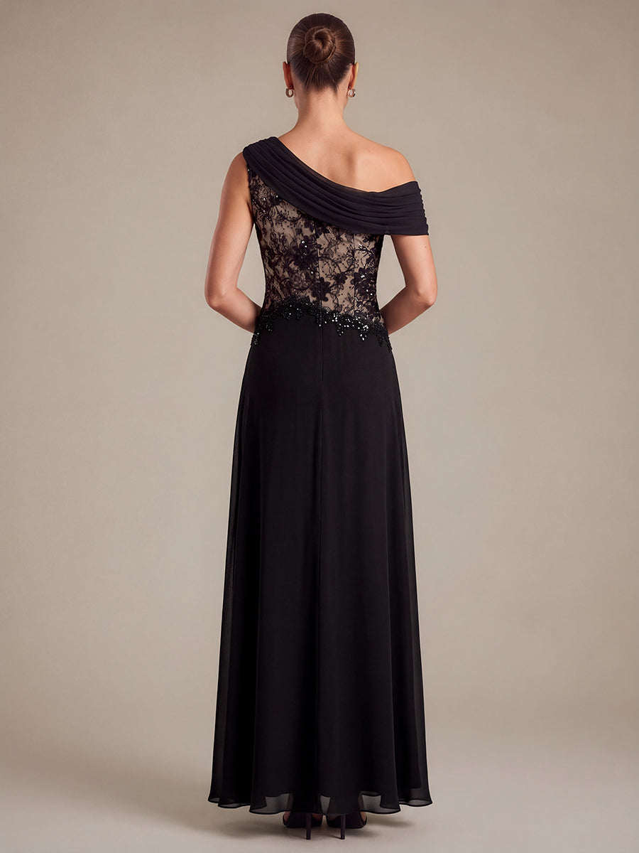 See-through Lace-Chiffon Sleeveless Evening Dress #color_Black