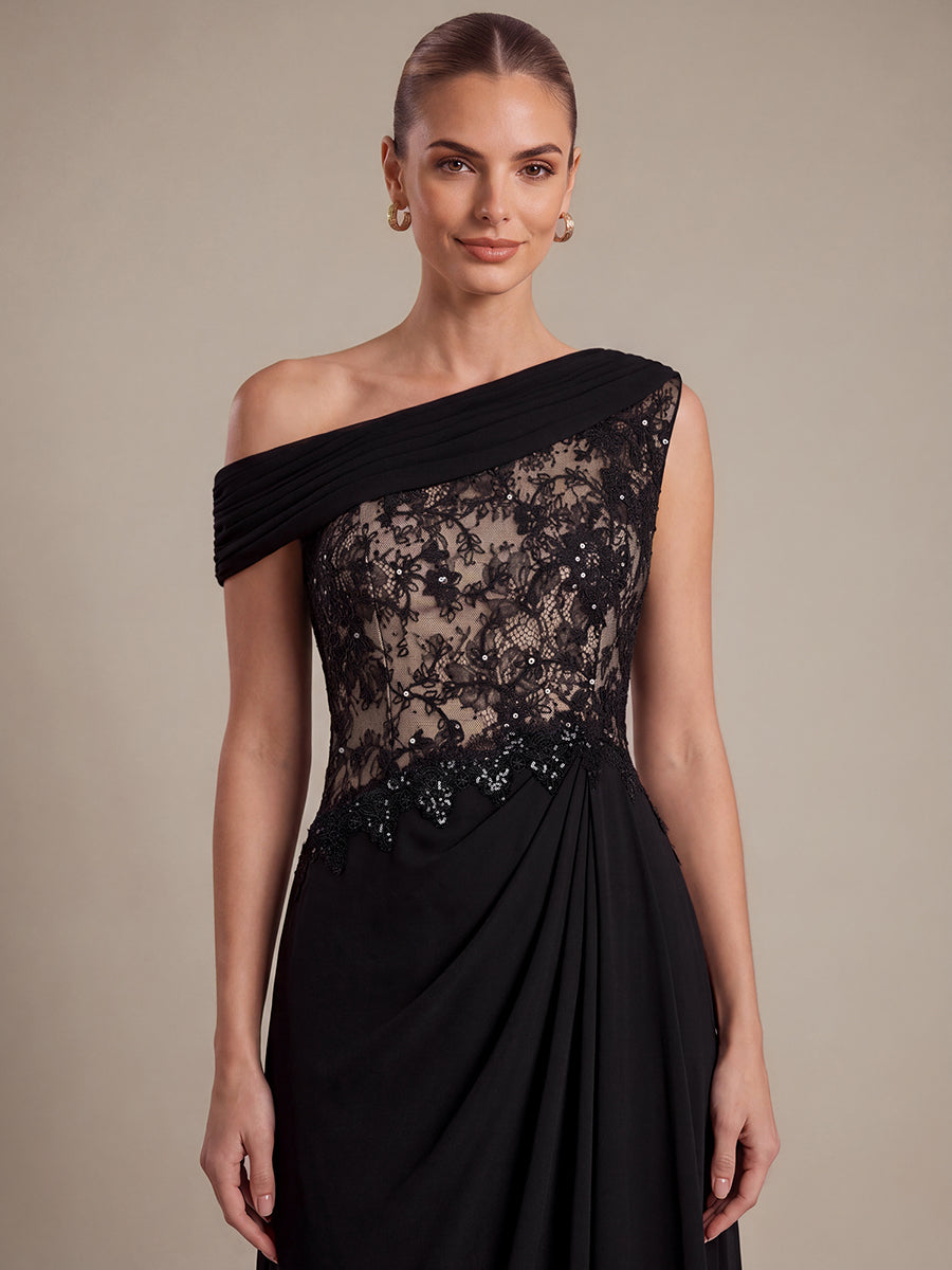 See-through Lace-Chiffon Sleeveless Evening Dress #color_Black