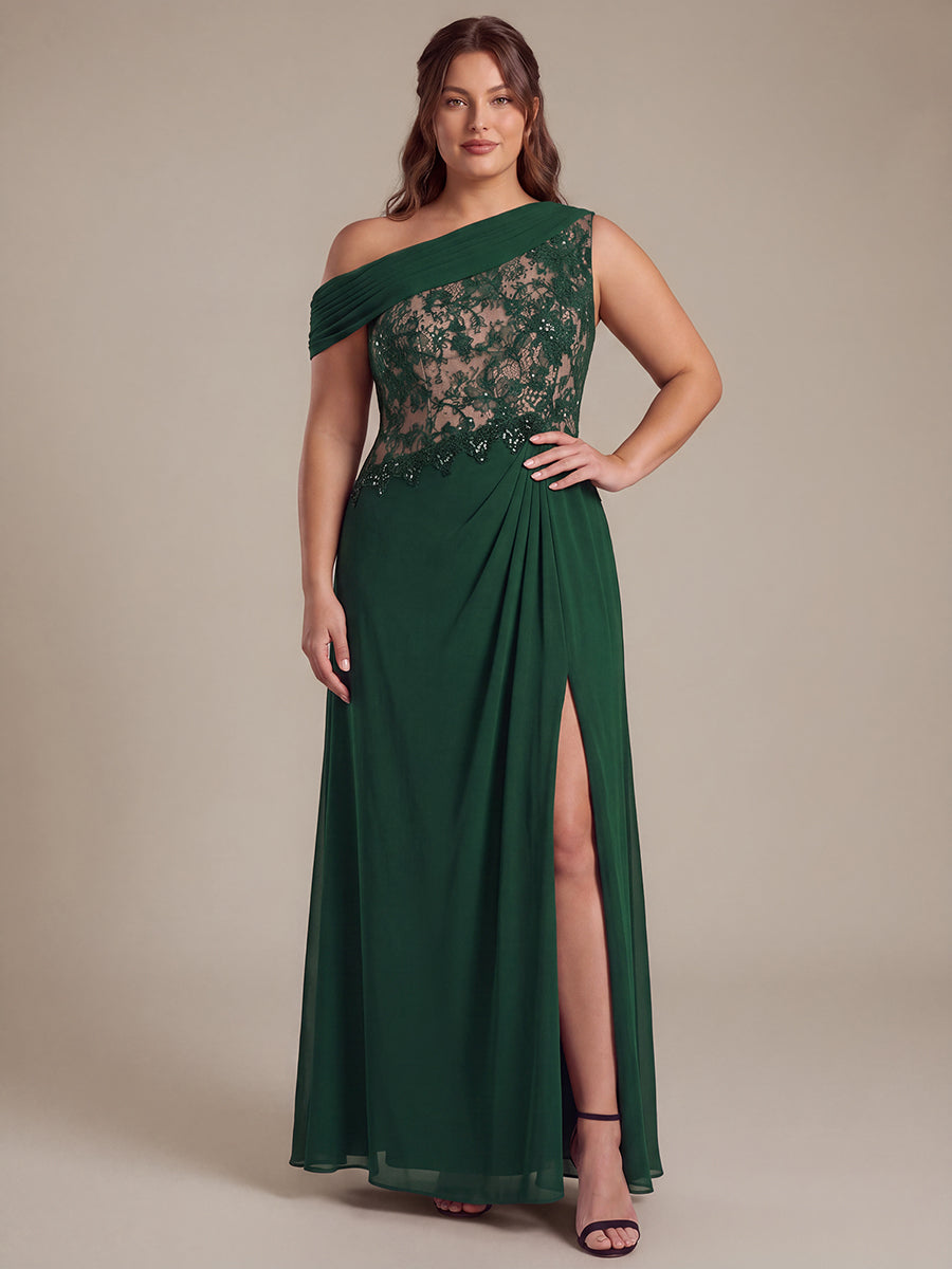 See-through Lace-Chiffon Sleeveless Evening Dress #color_Dark Green