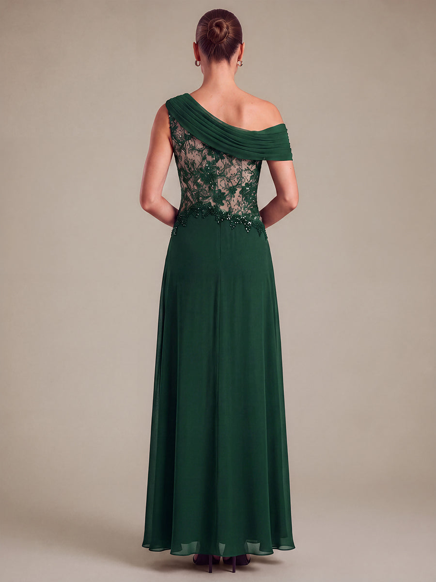 See-through Lace-Chiffon Sleeveless Evening Dress #color_Dark Green