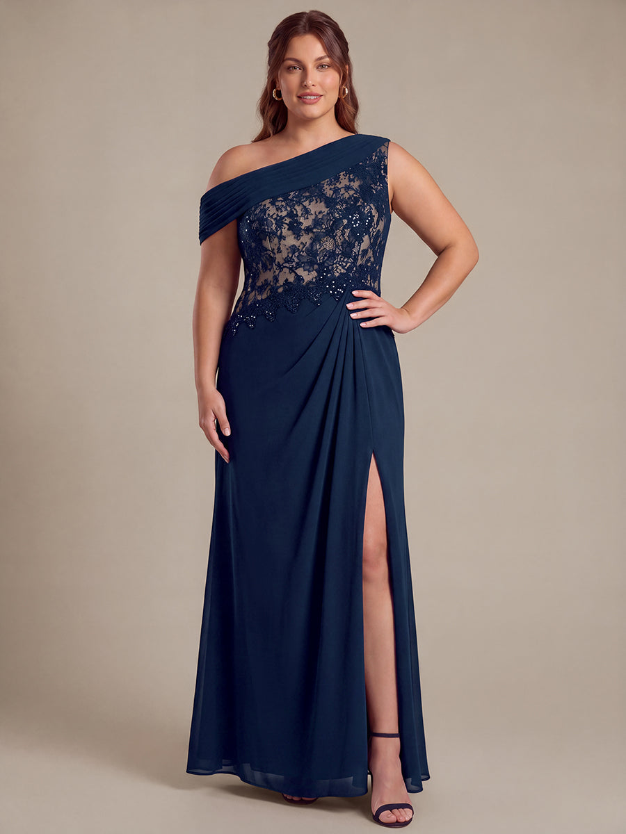 See-through Lace-Chiffon Sleeveless Evening Dress #color_Navy Blue