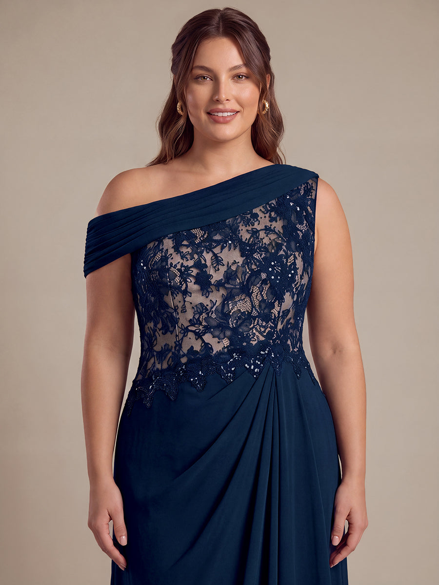 Plus Size Color-blocking Chiffon&Lace Evening Dress #color_Navy Blue