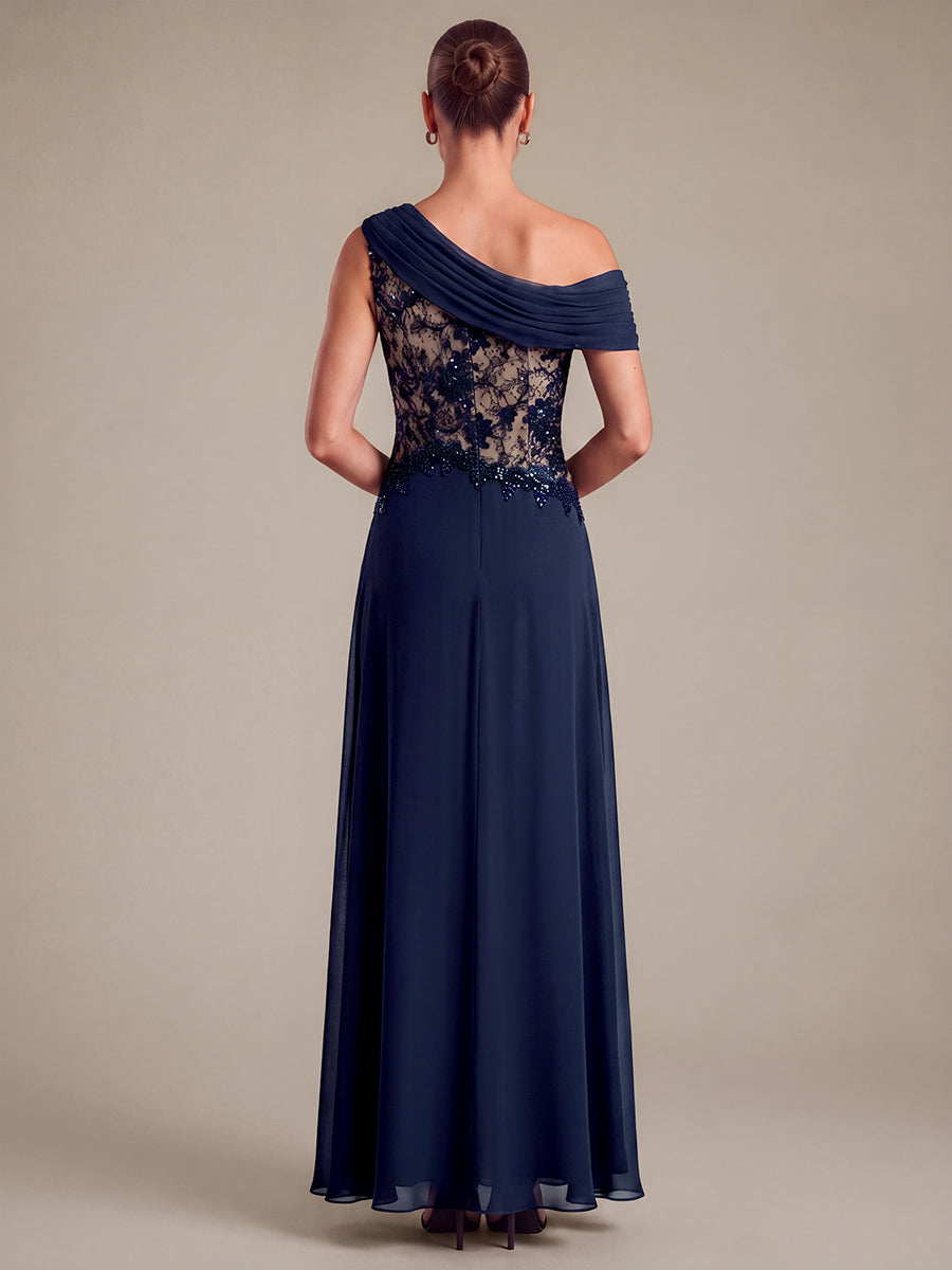 See-through Lace-Chiffon Sleeveless Evening Dress #color_Navy Blue