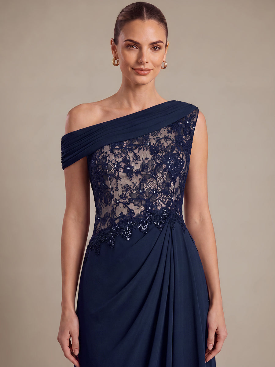 See-through Lace-Chiffon Sleeveless Evening Dress #color_Navy Blue