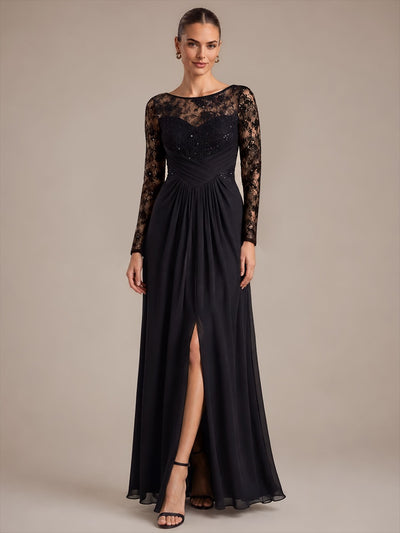 Chiffon&Lace A-line Long Sleeve Split Dress