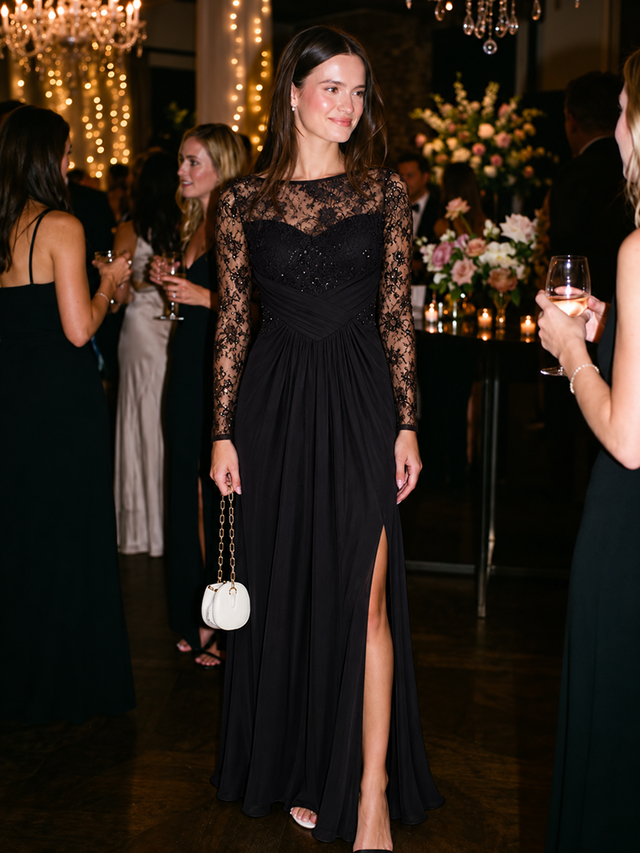 Chiffon&Lace A-line Long Sleeve Split Dress Fan Photos 1
