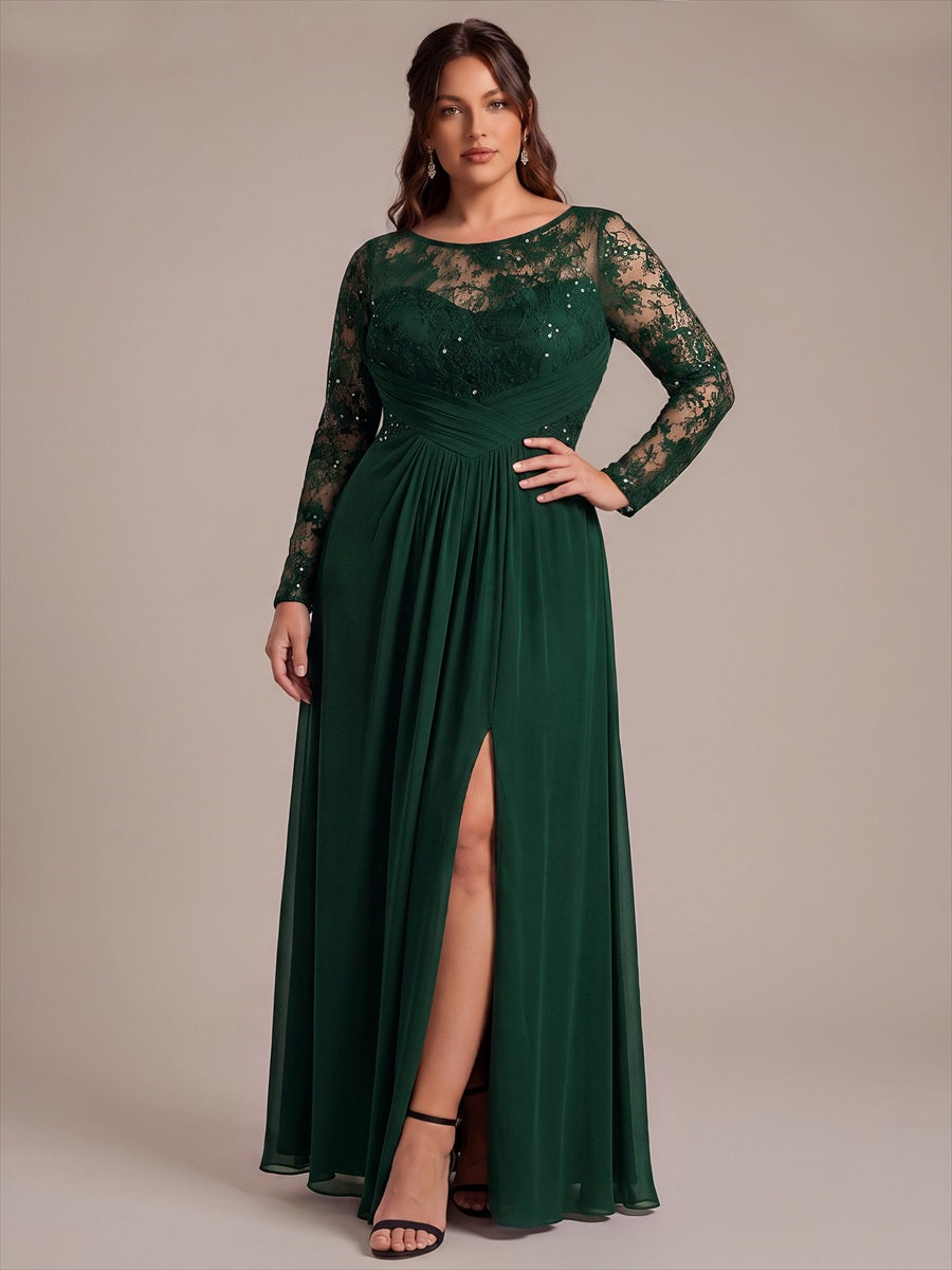 Chiffon Maxi Length Round neckline A-line Fitted Sleeve Back zipper Slight Stretch Dress #color_Dark Green