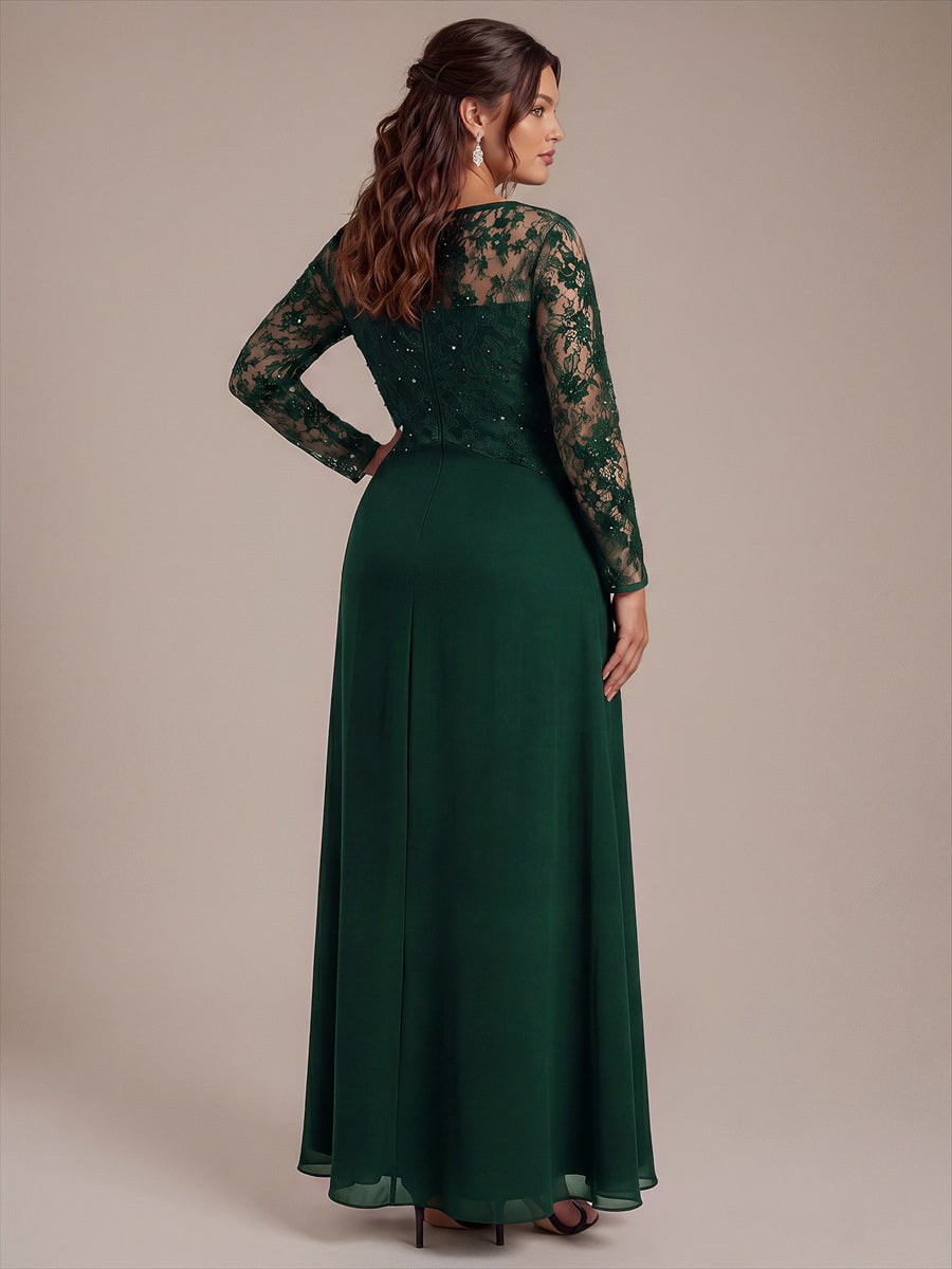 Chiffon Maxi Length Round neckline A-line Fitted Sleeve Back zipper Slight Stretch Dress #color_Dark Green