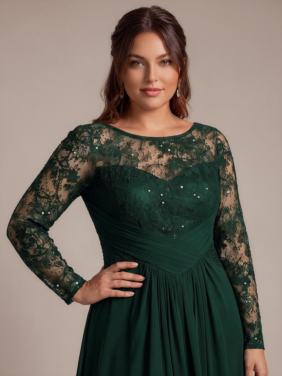 Chiffon Maxi Length Round neckline A-line Fitted Sleeve Back zipper Slight Stretch Dress #color_Dark Green