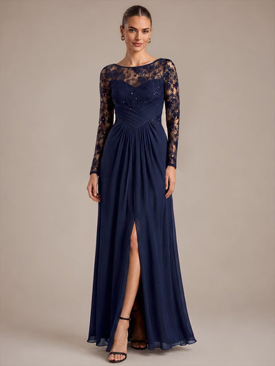 Chiffon&Lace A-line Long Sleeve Split Dress