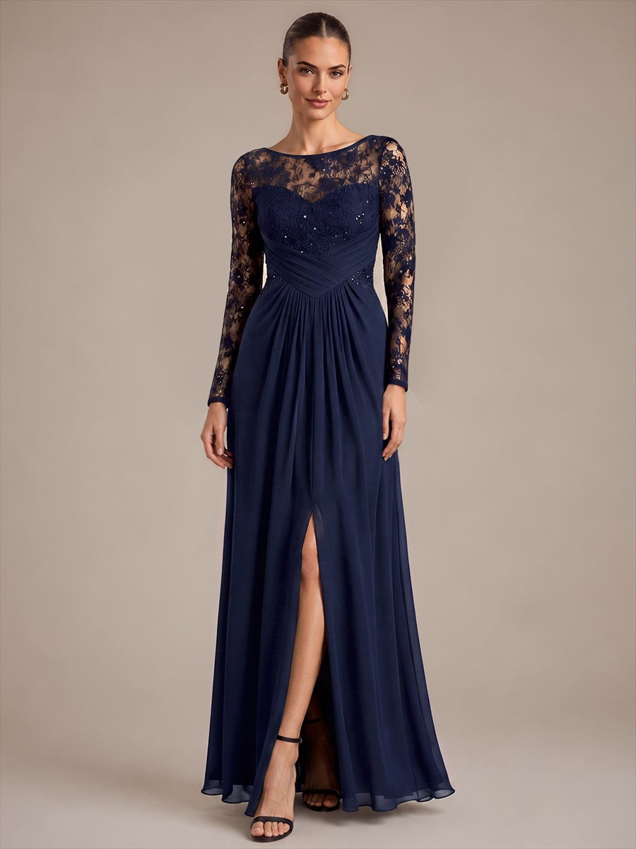 Chiffon Maxi Length Round neckline A-line Fitted Sleeve Back zipper Slight Stretch Dress #color_Navy Blue