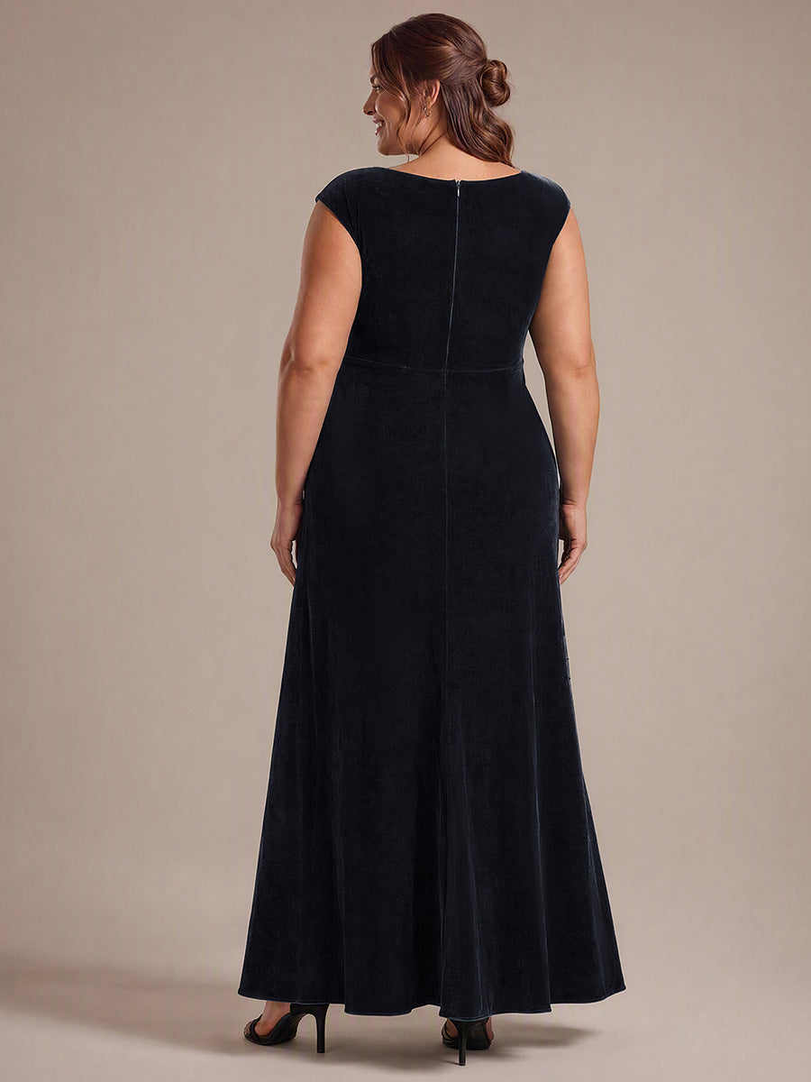 Sequin Slit Velvet Cap Sleeve Evening Dress #color_Black