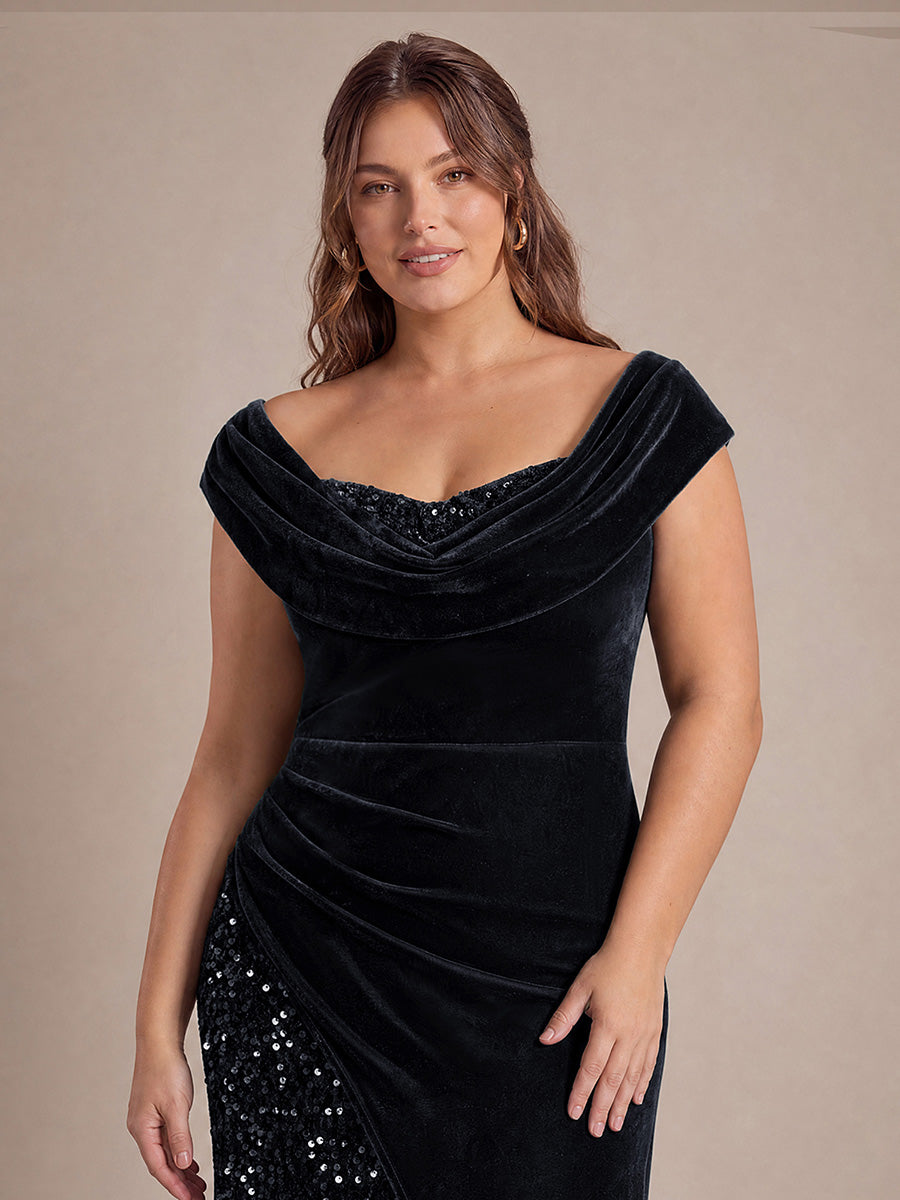 Plus Size Sequin Slit Velvet Evening Dress #color_Black