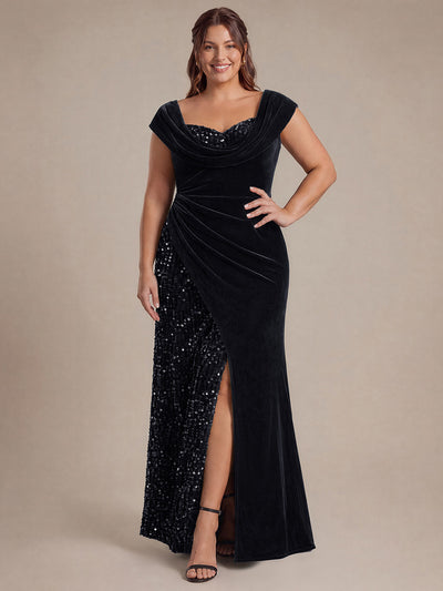 Plus Size Sequin Slit Velvet Evening Dress