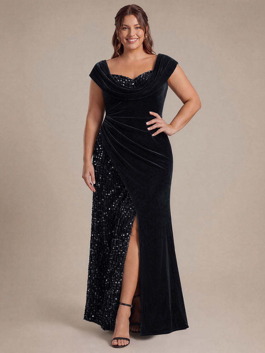 Plus Size Sequin Slit Velvet Evening Dress #color_Black