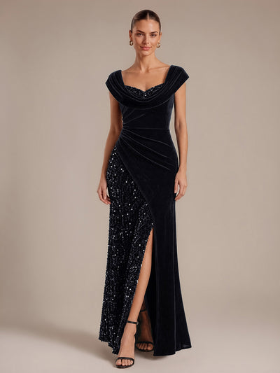 Sequin Slit Velvet Cap Sleeve Evening Dress