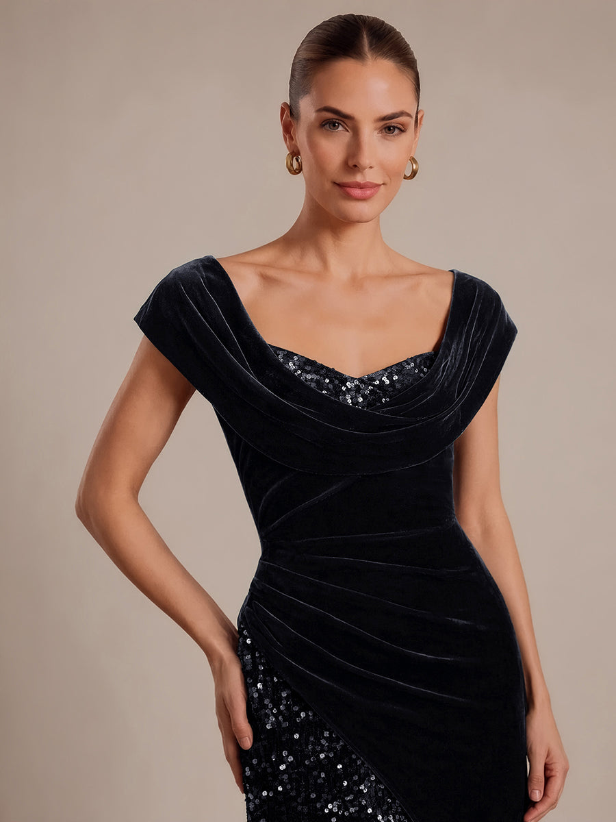 Sequin Slit Velvet Cap Sleeve Evening Dress #color_Black