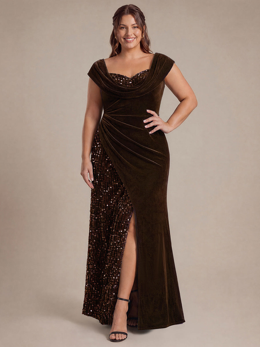 Sequin Slit Velvet Cap Sleeve Evening Dress #color_Chocolate Brown