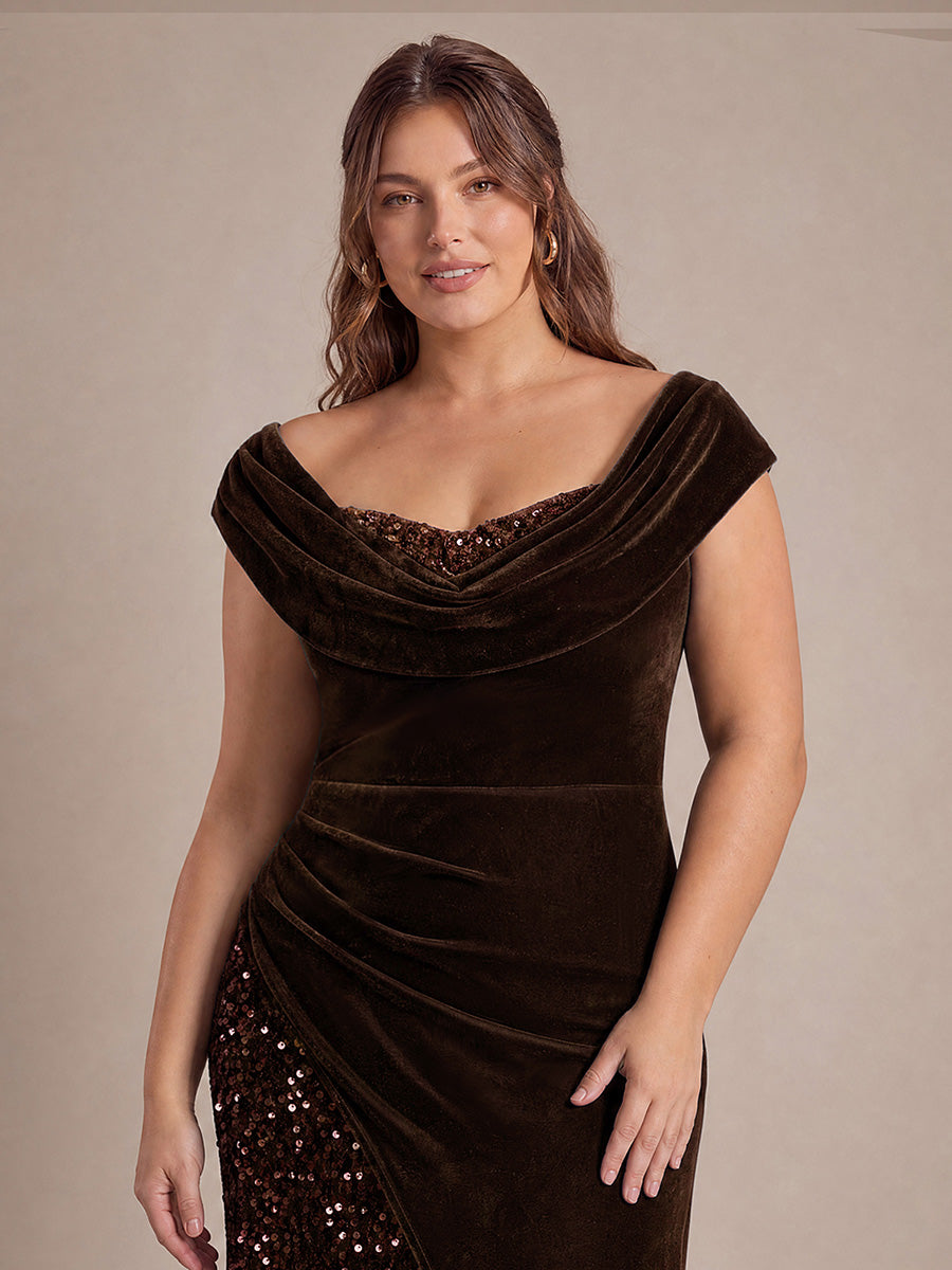 Sequin Slit Velvet Cap Sleeve Evening Dress #color_Chocolate Brown