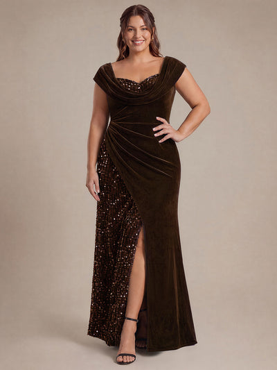 Plus Size Sequin Slit Velvet Evening Dress