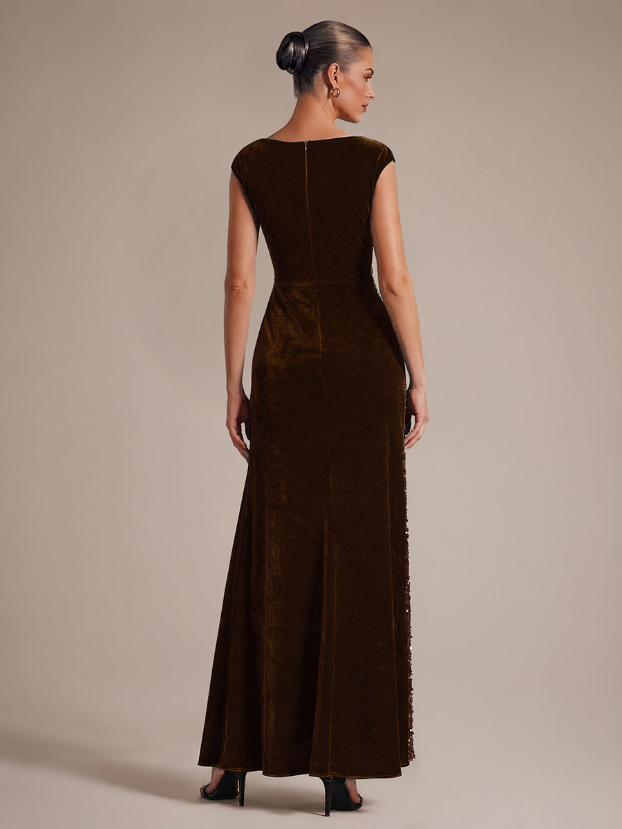 Sequin Slit Velvet Cap Sleeve Evening Dress #color_Chocolate Brown