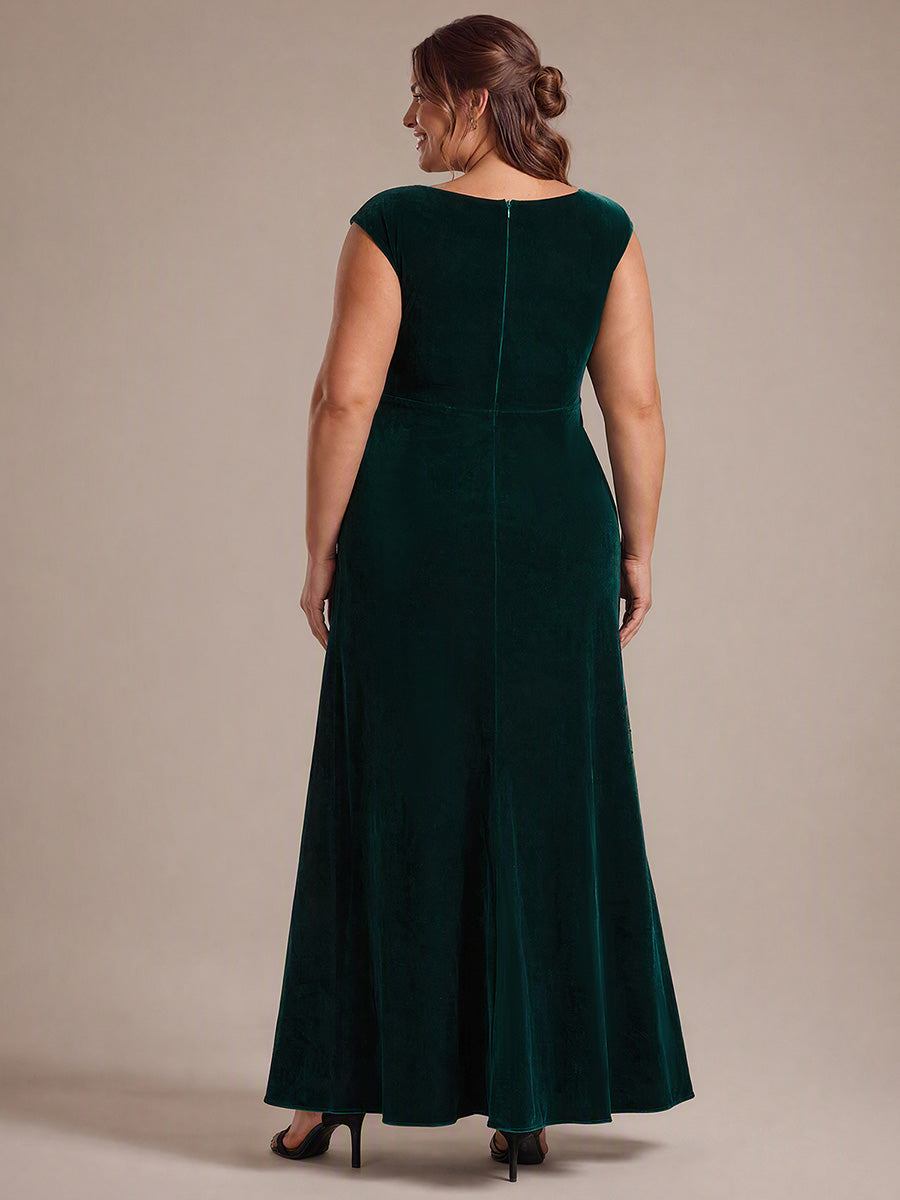 Sequin Slit Velvet Cap Sleeve Evening Dress #color_Dark Green
