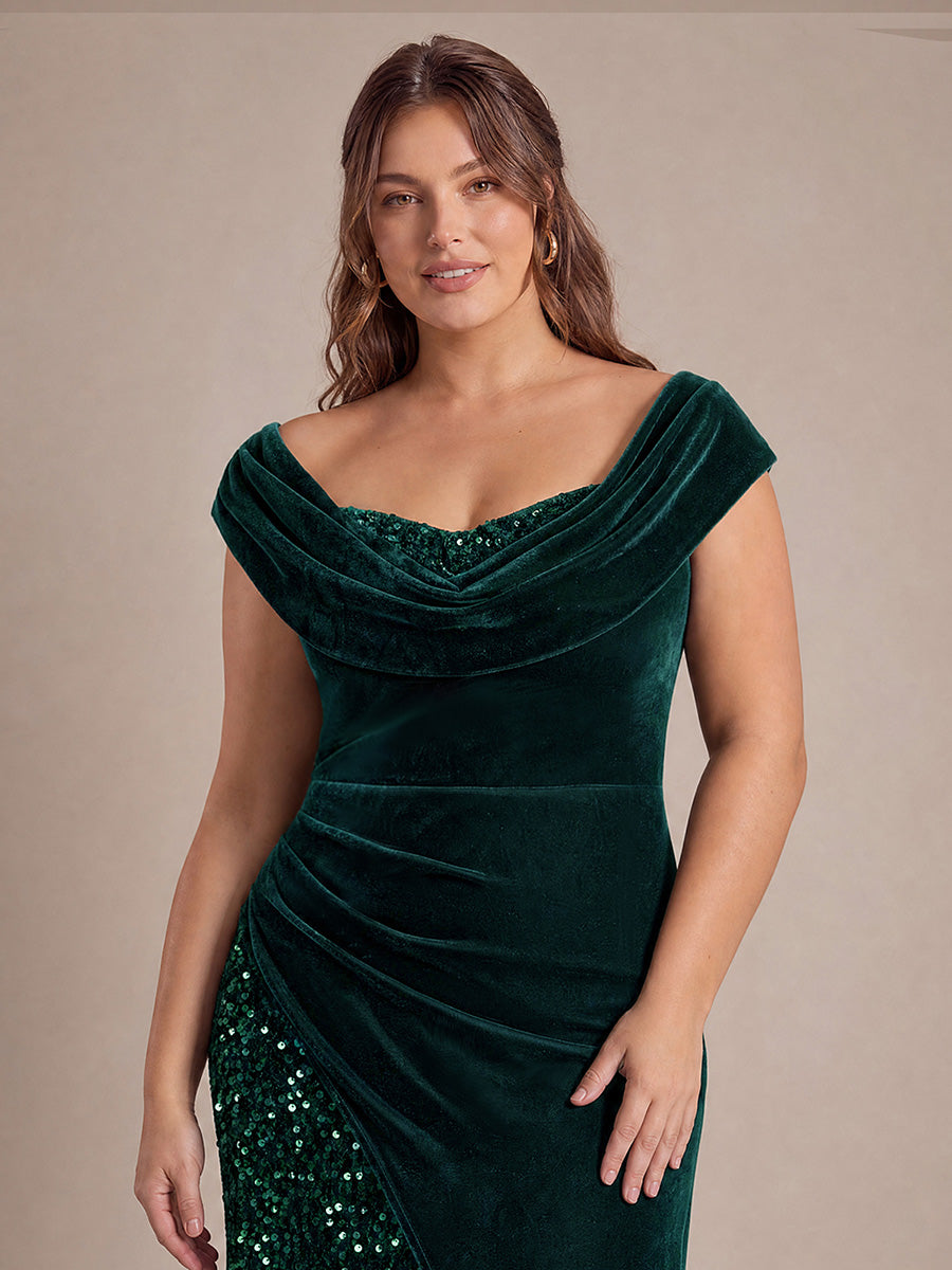 Plus Size Sequin Slit Velvet Evening Dress #color_Dark Green