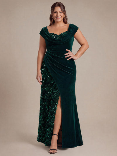 Plus Size Sequin Slit Velvet Evening Dress