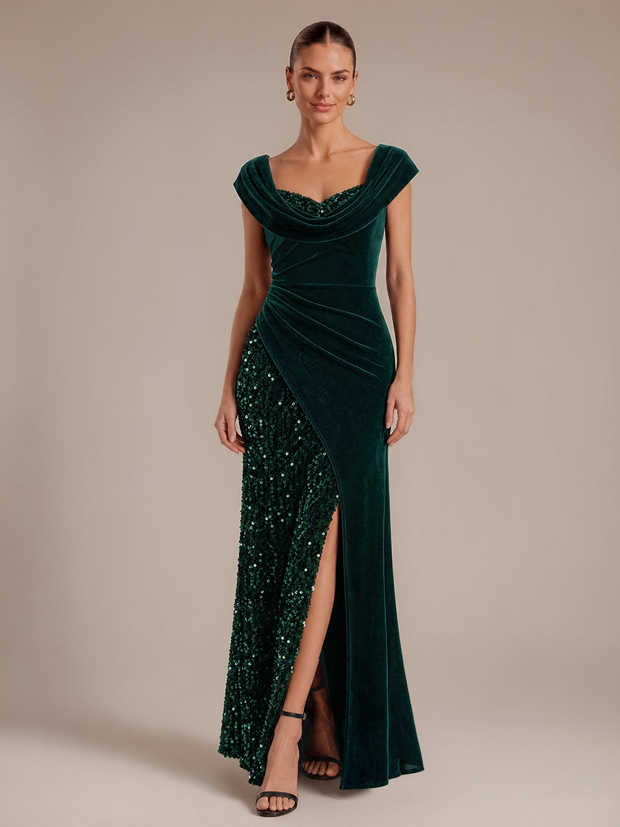 Sequin Slit Velvet Cap Sleeve Evening Dress #color_Dark Green