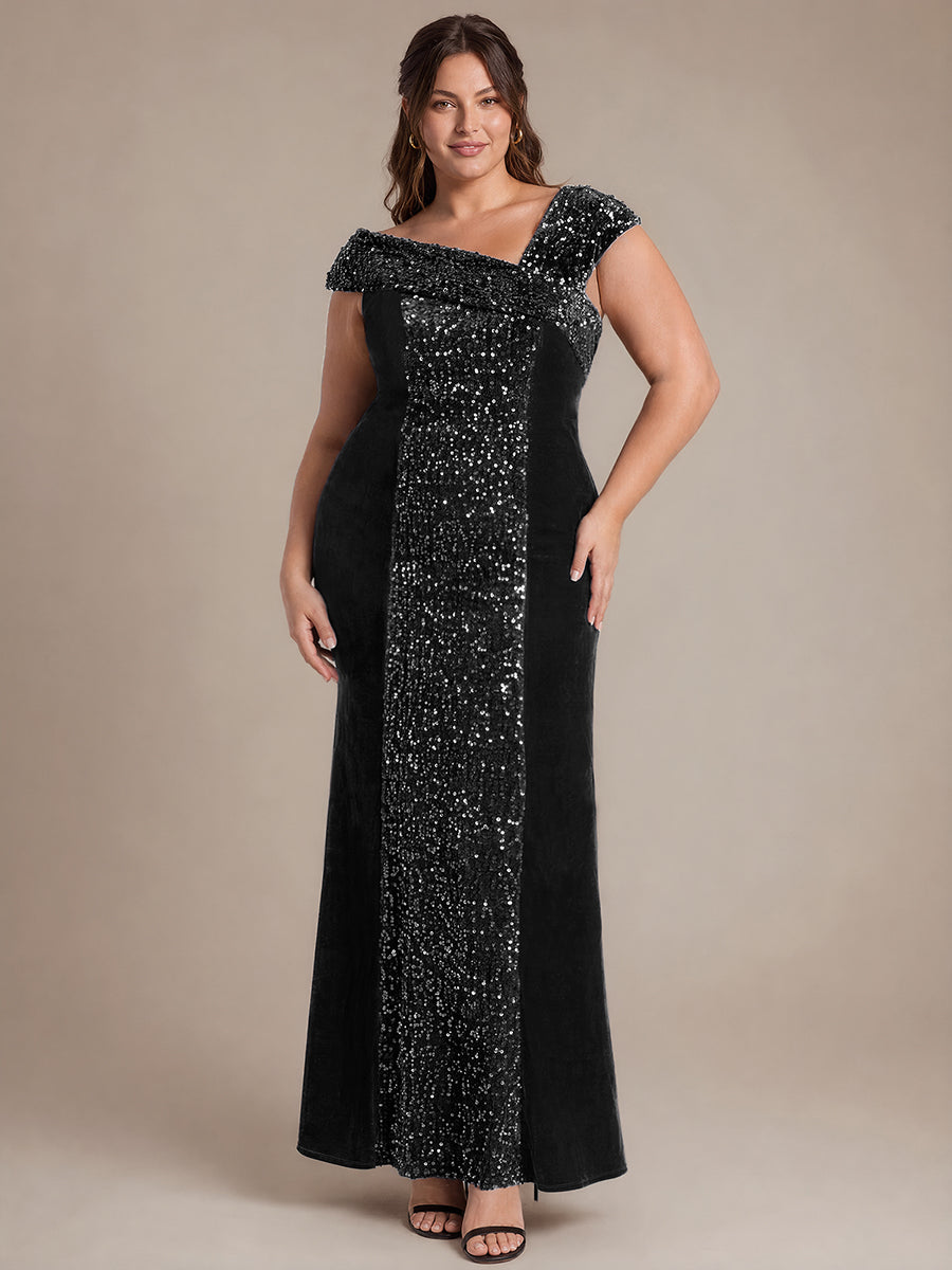 Sequin Velvet Cap Sleeve Evening Dress #color_Black