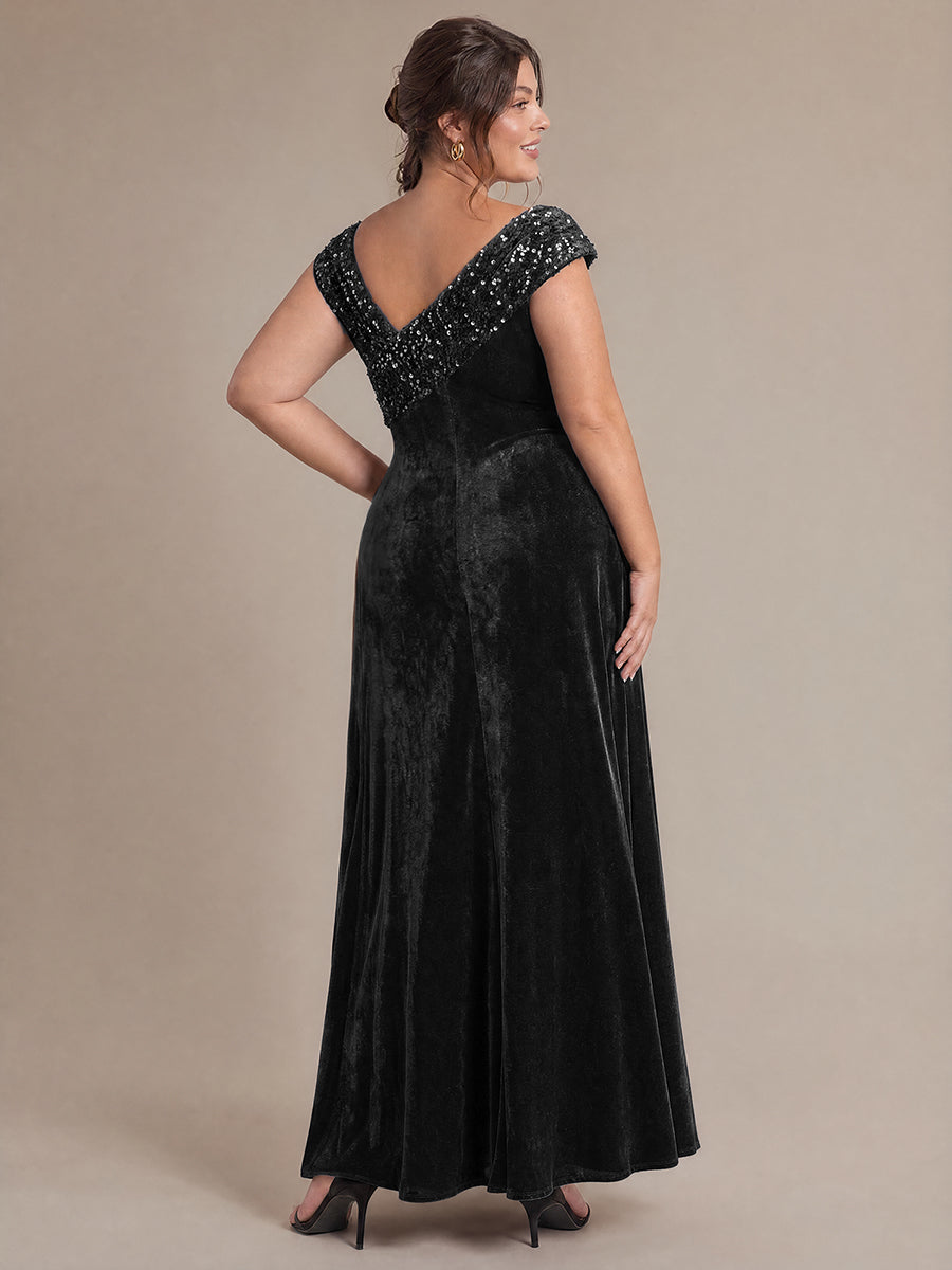 Sequin Velvet Cap Sleeve Evening Dress #color_Black