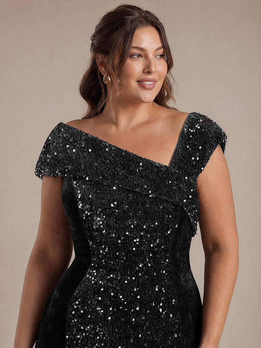 Plus Size Sequin Velvet Maxi Evening Dress #color_Black