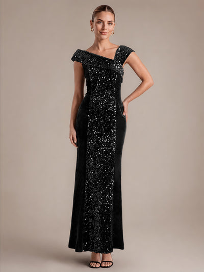 Sequin Velvet Cap Sleeve Evening Dress