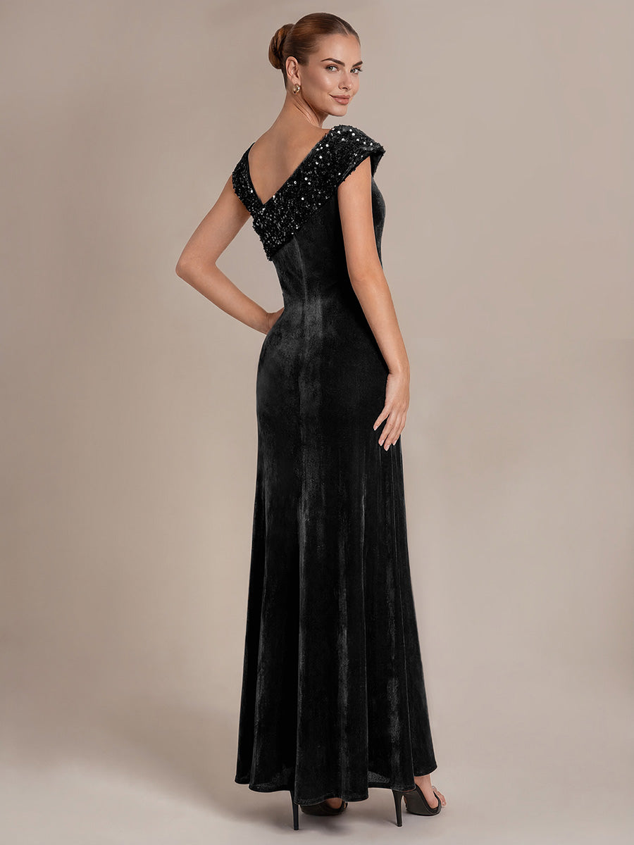 Sequin Velvet Cap Sleeve Evening Dress #color_Black