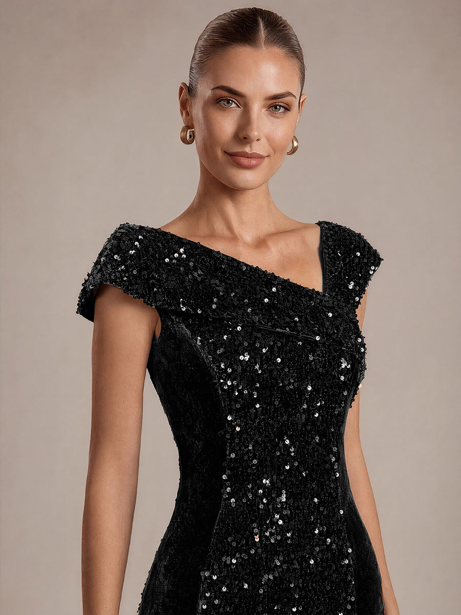 Sequin Velvet Cap Sleeve Evening Dress #color_Black