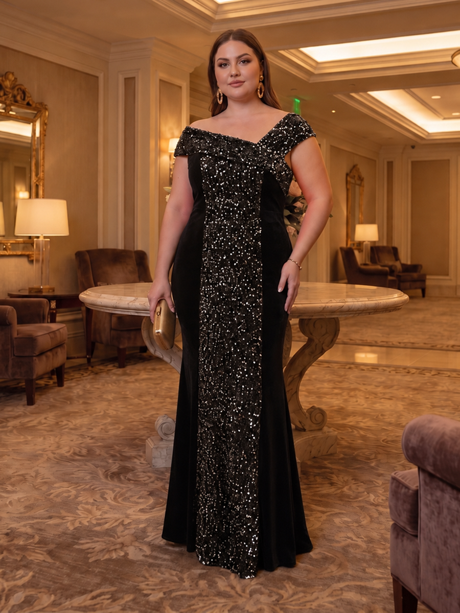 Plus Size Sequin Velvet Maxi Evening Dress #color_Black