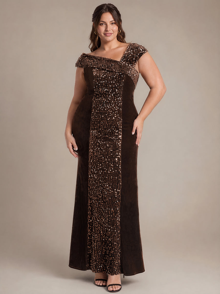 Sequin Velvet Cap Sleeve Evening Dress #color_Chocolate Brown