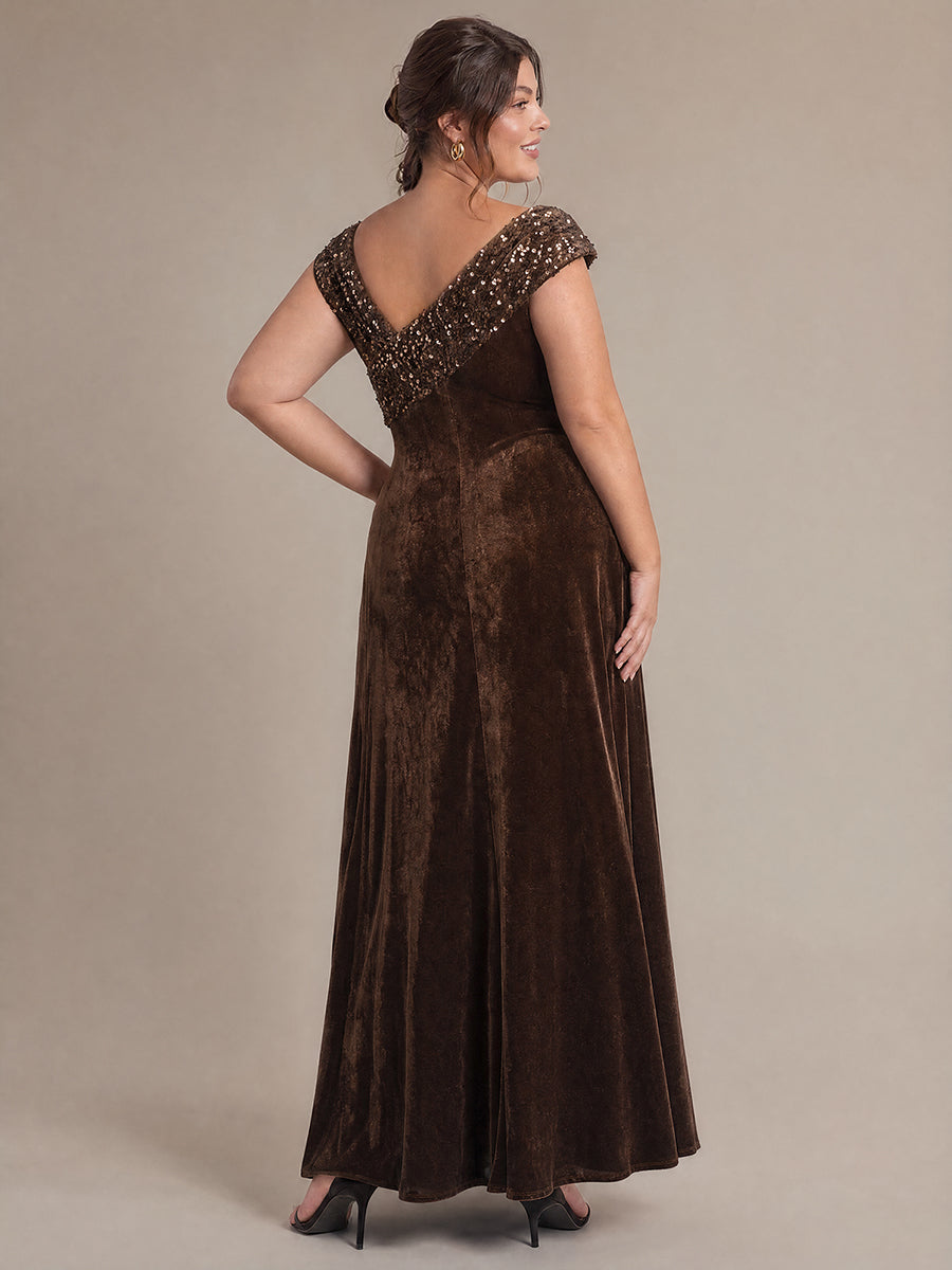 Sequin Velvet Cap Sleeve Evening Dress #color_Chocolate Brown