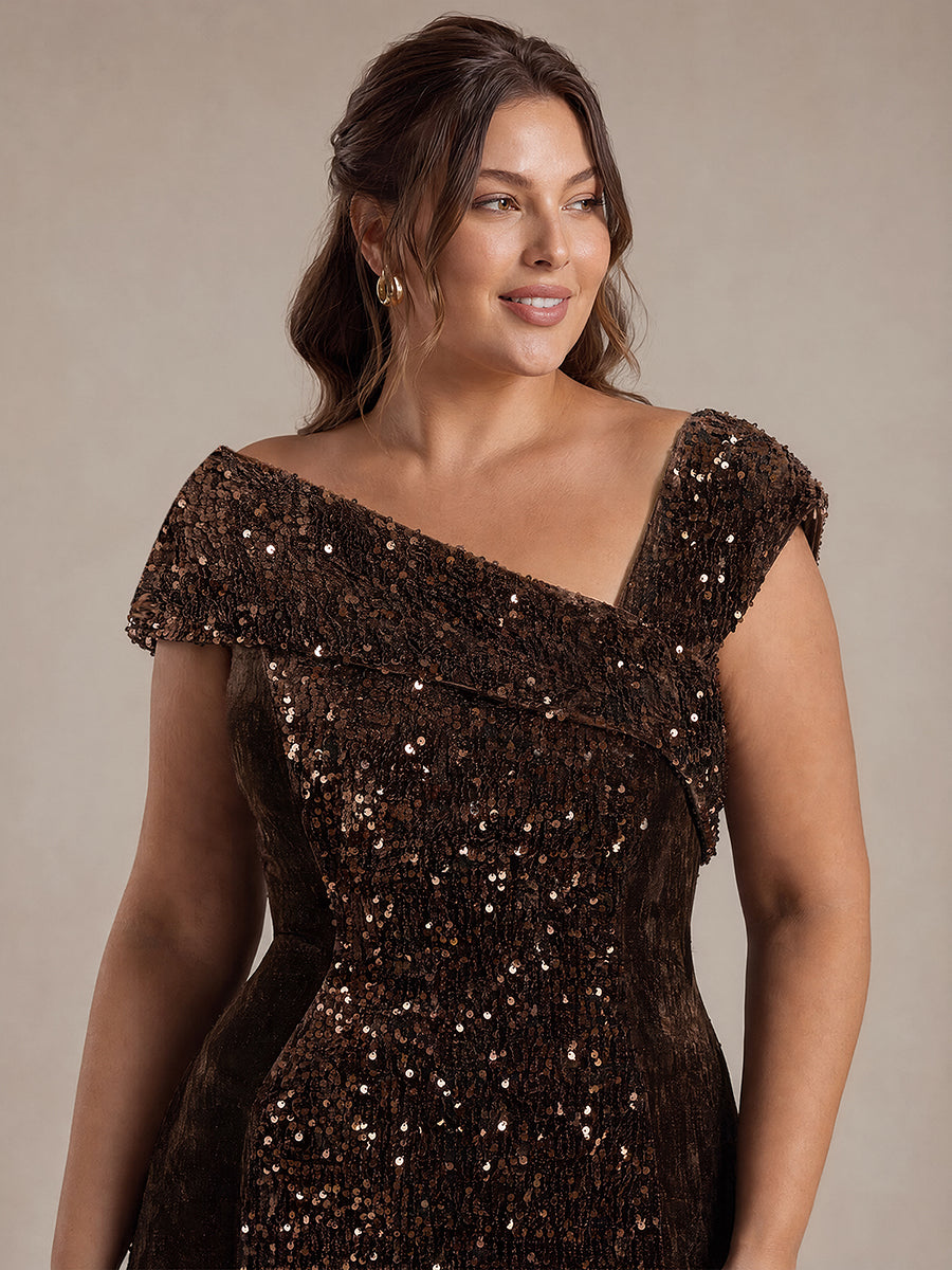 Sequin Velvet Cap Sleeve Evening Dress #color_Chocolate Brown