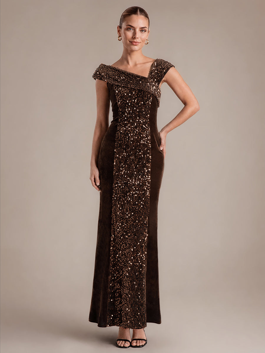 Sequin Velvet Cap Sleeve Evening Dress #color_Chocolate Brown