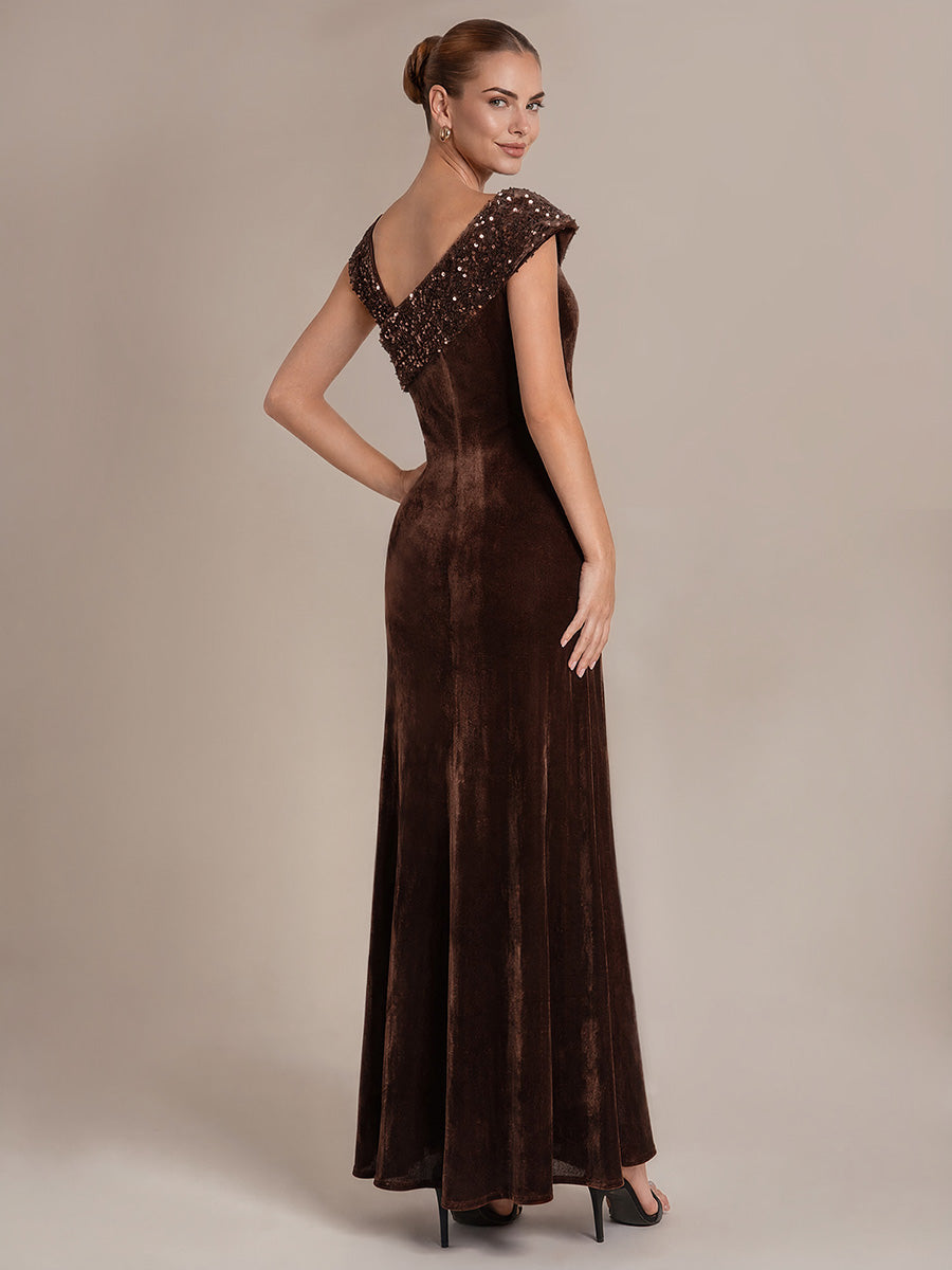 Sequin Velvet Cap Sleeve Evening Dress #color_Chocolate Brown