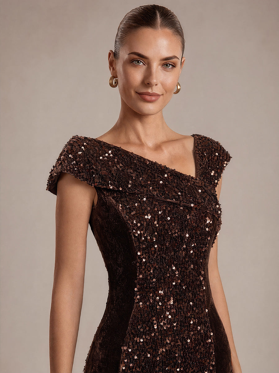 Sequin Velvet Cap Sleeve Evening Dress #color_Chocolate Brown