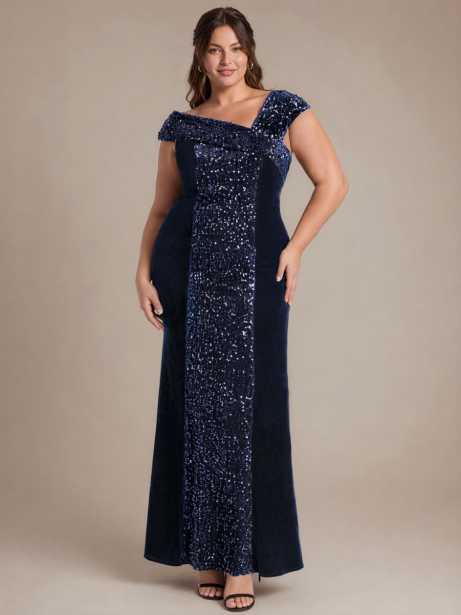 Sequin Velvet Cap Sleeve Evening Dress #color_Navy Blue