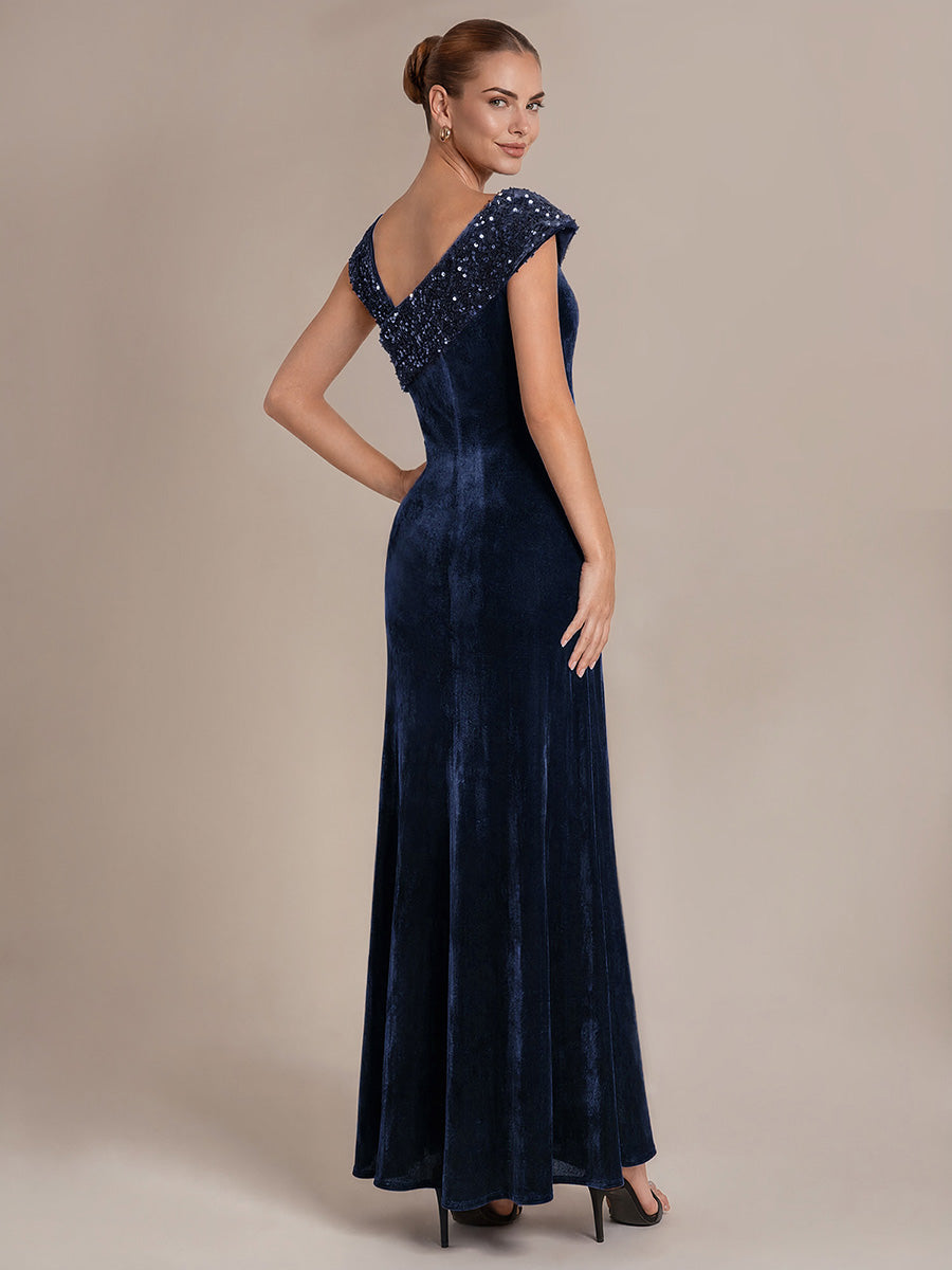 Sequin Velvet Cap Sleeve Evening Dress #color_Navy Blue